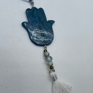 Blue hamsa clay pendant necklace with tassel